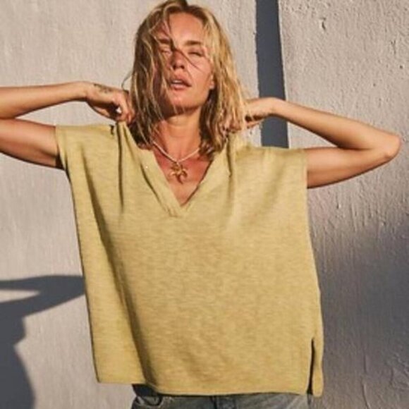 Free People Beach Marina Del Sol Linen Blend Sweater Yellow Green Oversized S - Picture 1 of 11